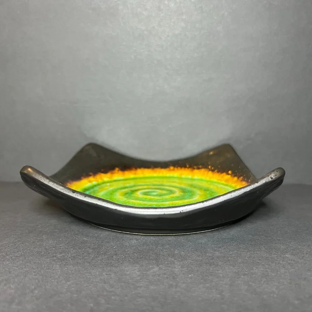 Pier 1 Imports Stoneware Hand Painted Green Swirl Candle Holder Trinket Dish 6